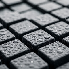 Close-up macro shot of keyboard keys with water droplets in a grayscale abstract texture