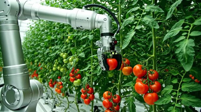 Robotic Tomato Harvesting in Greenhouse - A robotic arm is carefully picking ripe red tomatoes in a modern greenhouse setting.
