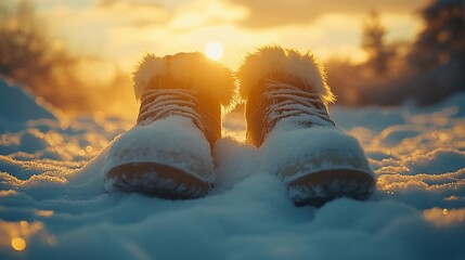 Winter boots in snow at sunset.  Snowy landscape with warm light.  Fuzzy fur trim