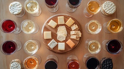 Wine tasting Various glasses of wine surround cheese and crackers on a wooden board