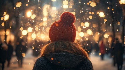 Winter evening scene with a person wearing a red hat