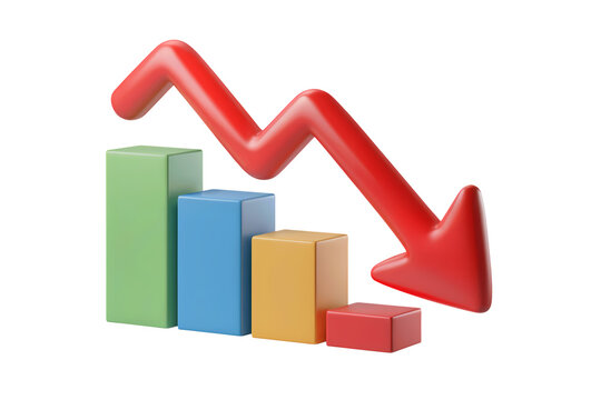 3d illustration icon of Downward trend depicted by a red arrow and colorful bar graph. Isolated on transparent background, png