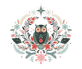 Vector Christmas composition with hand drawn holiday elements, winter branches, owl, flowers, snowflakes. Scandinavian folk ornament