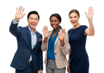 Diverse professionals standing side by side and waving goodbye with warm smiles isolated on white or transparent background