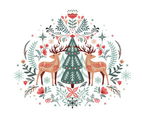 Vector Christmas composition with hand drawn holiday elements, winter forest trees, deer, flowers, snowflakes. Scandinavian folk ornament
