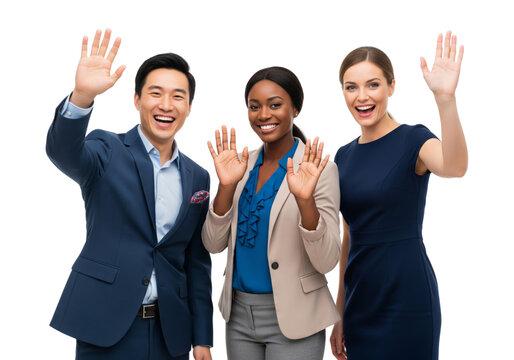 Diverse professionals standing side by side and waving goodbye with warm smiles isolated on white or transparent background