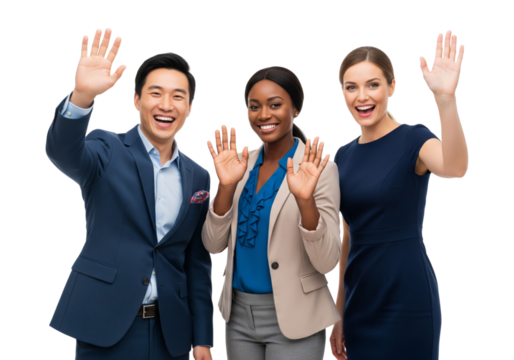 Diverse professionals standing side by side and waving goodbye with warm smiles isolated on white or transparent background