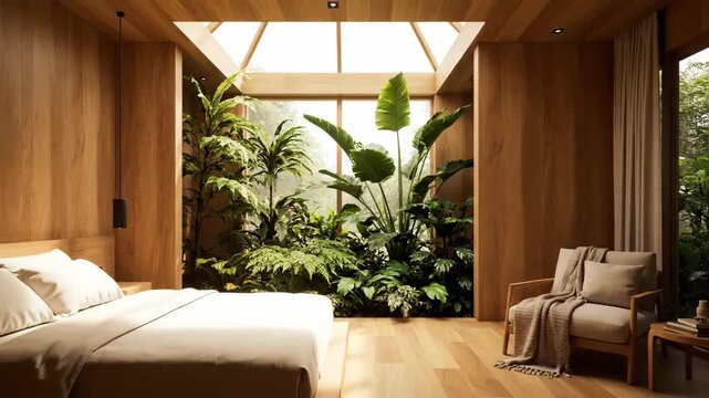 Serene Indoor Garden Bedroom - This tranquil bedroom boasts an elegant blend of natural wood and lush greenery.