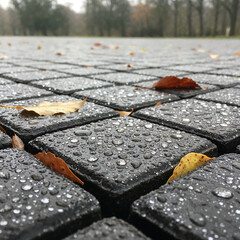 Autumn leaves on textured pavement after rain wet surface close up perspective