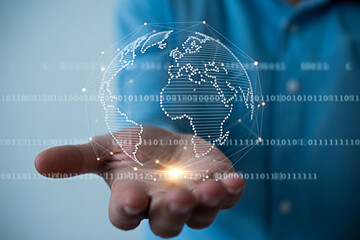 Global technology network connection concept digital earth on hand for business and innovation 100