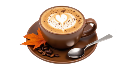 Warm cup of coffee with latte art sits on brown plate, surrounded by coffee beans and vibrant autumn leaf, evoking cozy feelings