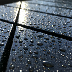 Close up macro view of raindrops on a dark textured surface reflecting light