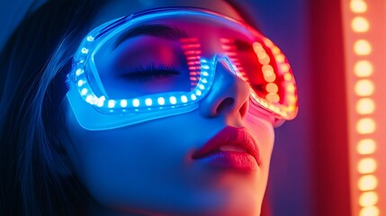 Woman in LED goggles with blue and red lights, skin care treatment