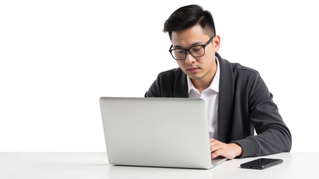 Focused individual working on laptop, wearing glasses, with smartphone nearby, in modern workspace