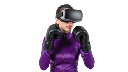 Virtual reality boxing experience with female participant wearing VR headset and boxing gloves, showcasing blend of technology and fitness