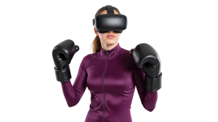 Person wearing virtual reality headset and boxing gloves, engaged in immersive experience. scene conveys excitement and innovation in technology