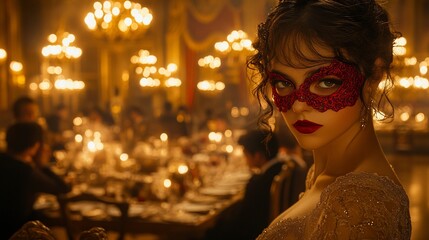 Woman in red mask at formal dinner party with grand chandeliers, tables