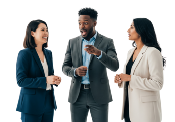 Business team of people standing and talking animatedly, pointing something isolated on white or transparent background
