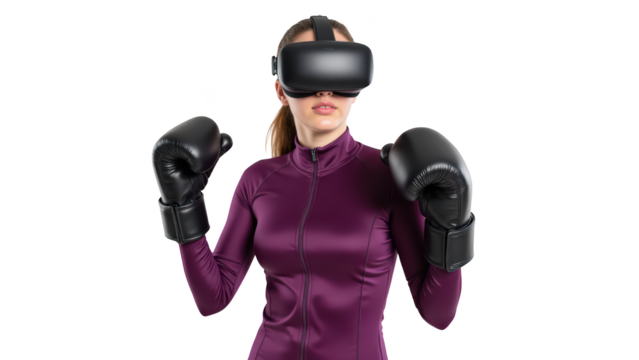 Person wearing virtual reality headset and boxing gloves, engaged in immersive experience. scene conveys excitement and innovation in technology