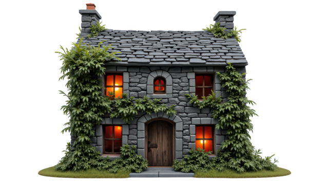 Charming stone house covered in lush greenery, featuring glowing windows that create warm, inviting atmosphere