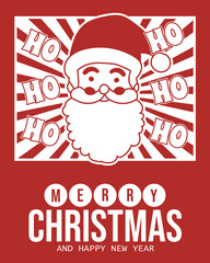 Retro pop art Christmas design featuring a minimalist Santa Claus with “Ho Ho Ho” text and bold red-white colors. Perfect for festive greeting cards, posters, flyers, or social media post.
