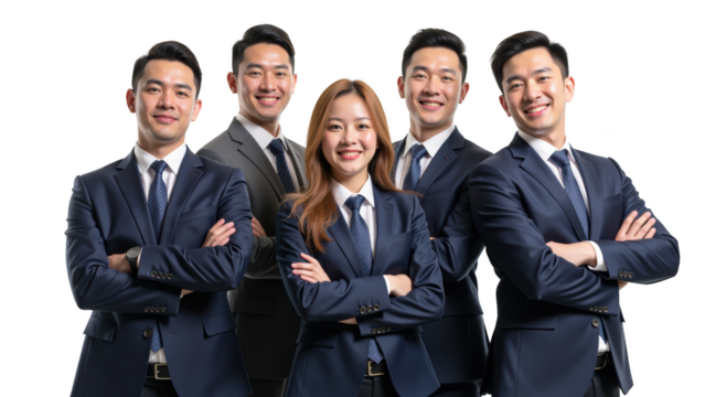 Professional group portrait of five individuals in business attire, showcasing confidence and teamwork
