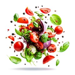 Fresh Custom Salad Ingredients Flying in Air with Colorful Vegetables and Herbs