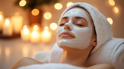 Woman relaxes with facial mask, soft lighting, and a towel wrapped around her head