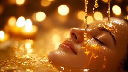 Woman receiving luxurious golden oil face treatment in candlelit spa