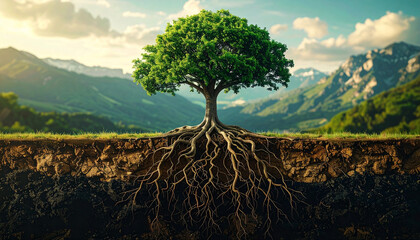Vibrant green tree with its intricate root system exposed in fertile earth, set against majestic mountains, symbolizing natural growth, stability, and environmental vitality
