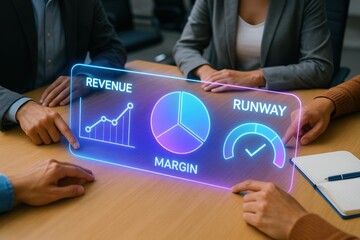 Collaborative business strategy meeting conference room digital dashboard display corporate environment close-up view financial insights and analysis