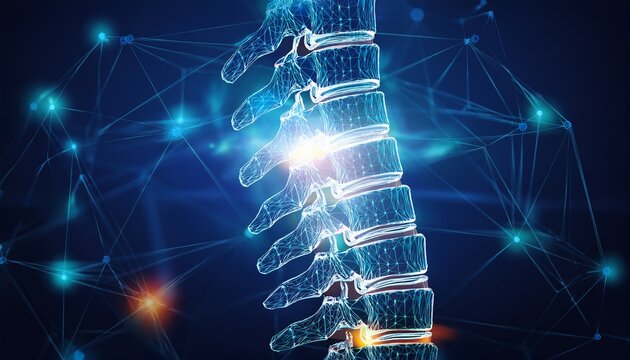 herniated disk concept and spine pain diagnostic in low polygon particle and triangle style design wireframe light connection structure