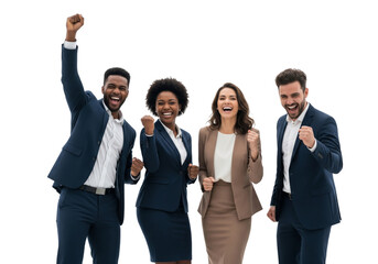 Office team of professionals celebrating together and laughing isolated on white or transparent background