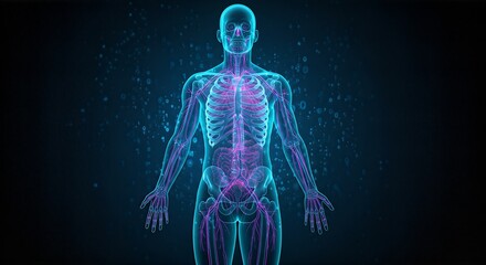 Anatomical illustration of the human body's skeletal and circulatory systems glowing with blue and purple light against a dark background.