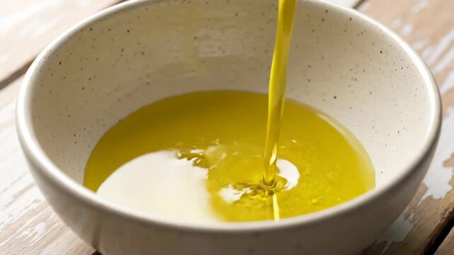 Fresh Olive Oil Drizzling Into White Bowl on Rustic Wooden Surface