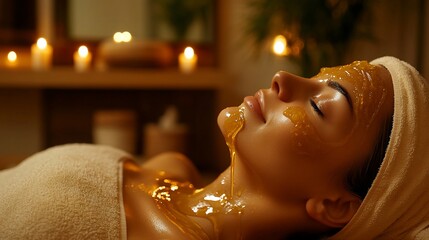 Woman with honey face mask relaxing in spa with candles