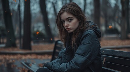 Woman with jacket on park bench. Fallen leaves. Gray, autumn day