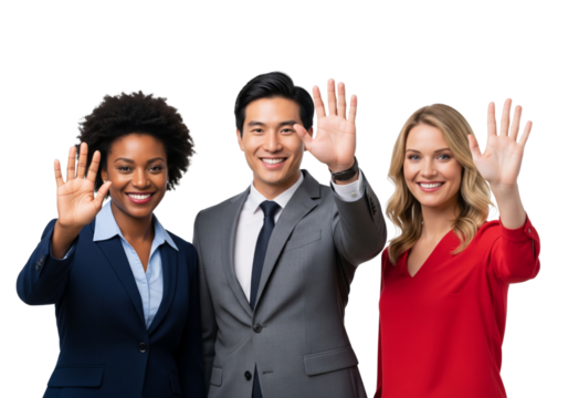 Group of young people waving hands and smiling isolated on white or transparent background