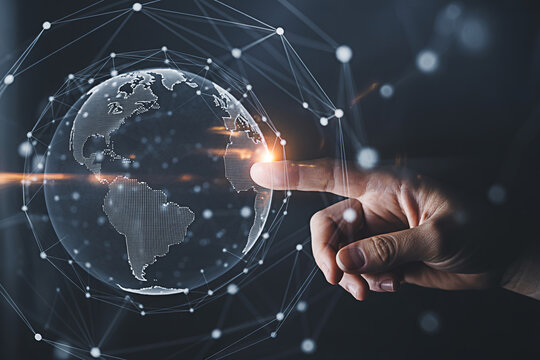 Global network technology concept finger touching digital earth hologram connection worldwide data