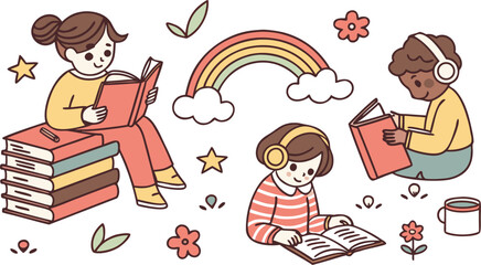 Big creative set illustrations for World Book Day. Collection cute Kids reading books and enjoying literature in a playful doodle style. cozy clip art with books, stack of book, people reading books, 