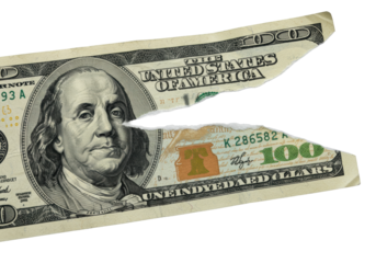 Extreme close-up of a meticulously torn US 100 dollar bill on transparent background, highlighting feathery fibers, intaglio inks & security strip, concept of financial fragility