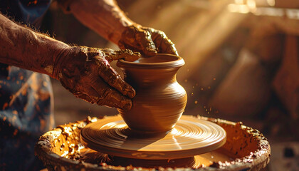 Close-up view of a potter's skilled hands immersed in the creative process, shaping wet clay on a spinning wheel in a sunlit workshop, embodying the ancient art of ceramics and dedicated craftsmanship