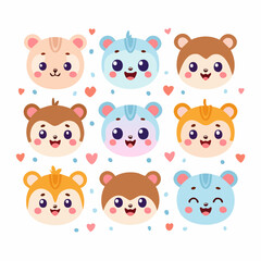 Fototapeta premium Collection of cute cartoon animal faces with happy expressions.