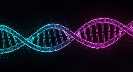 Abstract DNA double helix structure with blue and pink glow on black background.