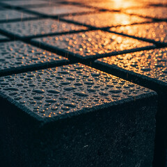 Wet paving stones after rain reflecting sunset warm golden hour light textured surface