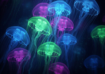 Glowing Jellyfish in the Deep Ocean A Colorful Underwater Scene