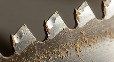 Detailed macro view of a sharp circular saw blade's teeth covered with sawdust, capturing the raw texture of metal and wood in a workshop