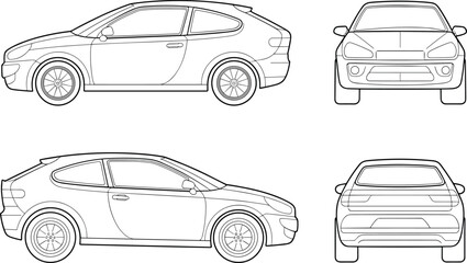 Technical flat drawing of a modern hatchback coupe car from side, front, and rear views, vector illustration for vehicle design, engineering blueprints, and automotive industry concepts.