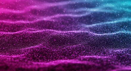 Abstract background of glowing pink and blue particles forming digital waves of energy.