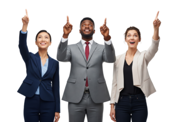 Three business people standing and pointing upward with enthusiasm, expressing inspiration and success, isolated on white or transparent background
